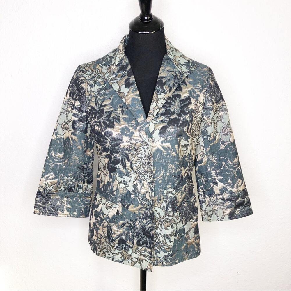 Lafayette 148 New York blue black gold metallic floral brocade blazer size 2